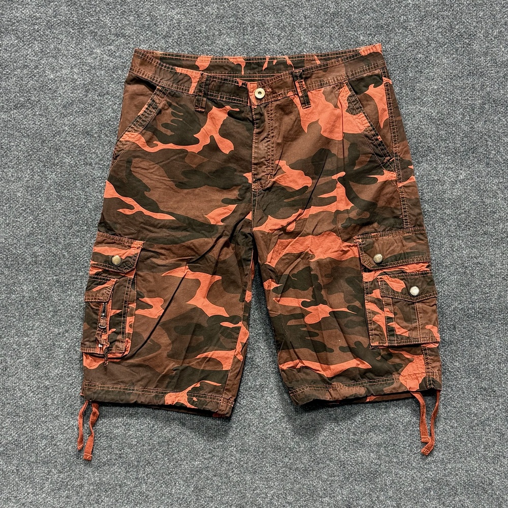Cargo Shorts Mens 34 Red Multicolor Camo Cotton Canvas Army Pockets Flat Front